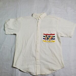 Poco Loco Mens Button Up Shirt Cream Ixtapa Mexico Club Graphic Pocket VTG Sz M